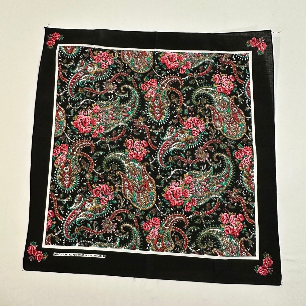 Vintage USA Made Floral Paisley Bandana 22in Black Pink Cotton Western Scarf